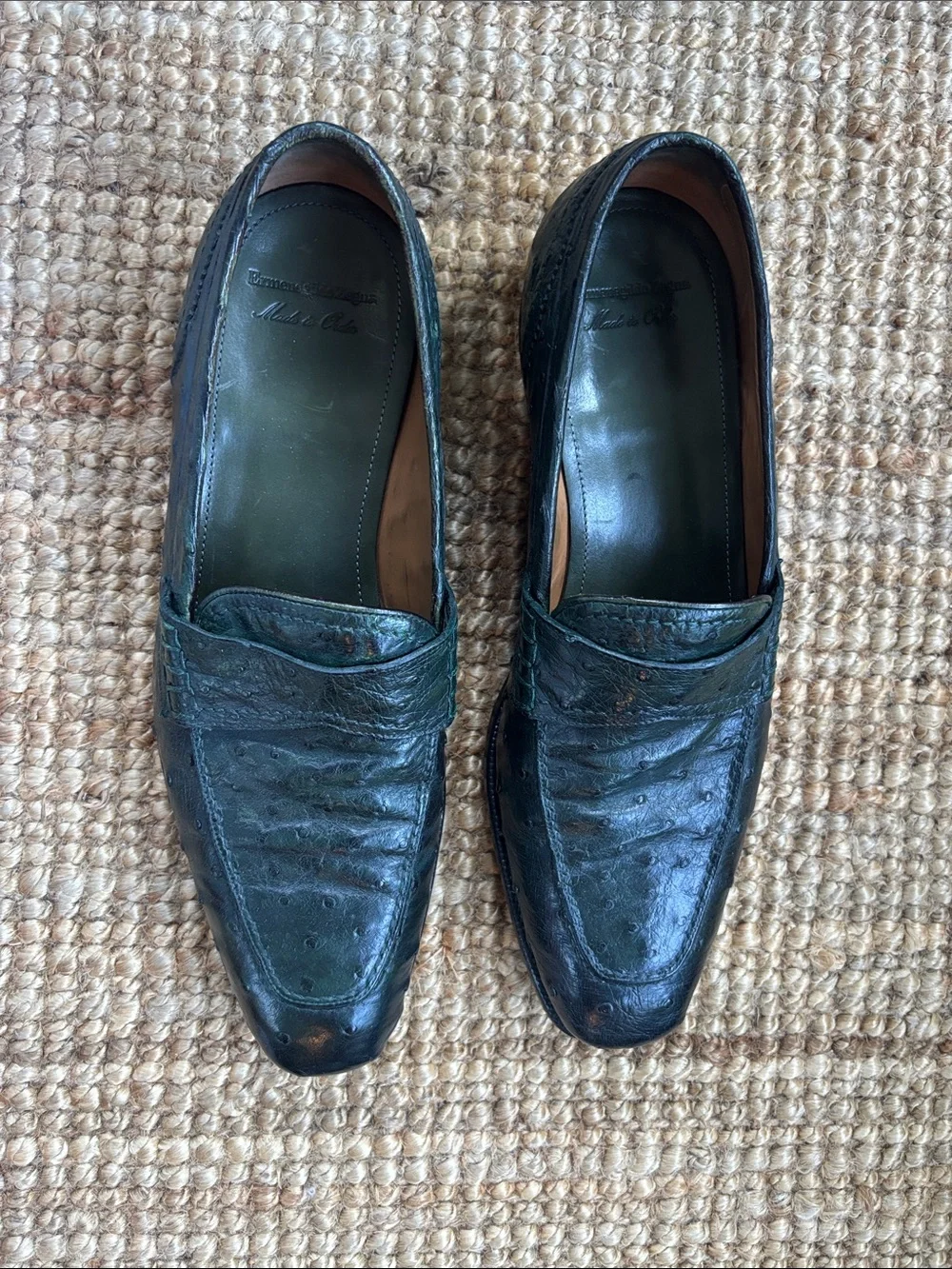 Ermenegildo Zegna vintage ostrich leather penny loafer  in green